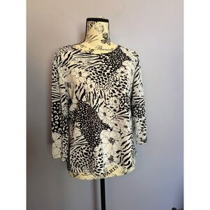 Brittany Black Mixed Animal Floral Print Rhinestone Top Black White Womens L